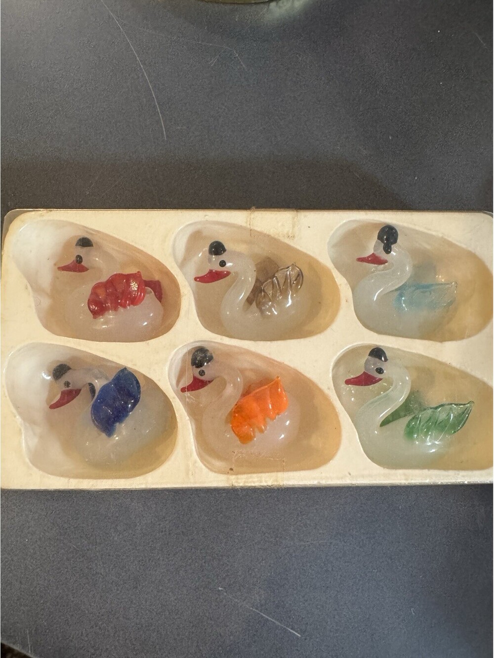 Vintage Hand Blown Art Glass Swan Figures Set of 6 Taiwan NOS Colorful